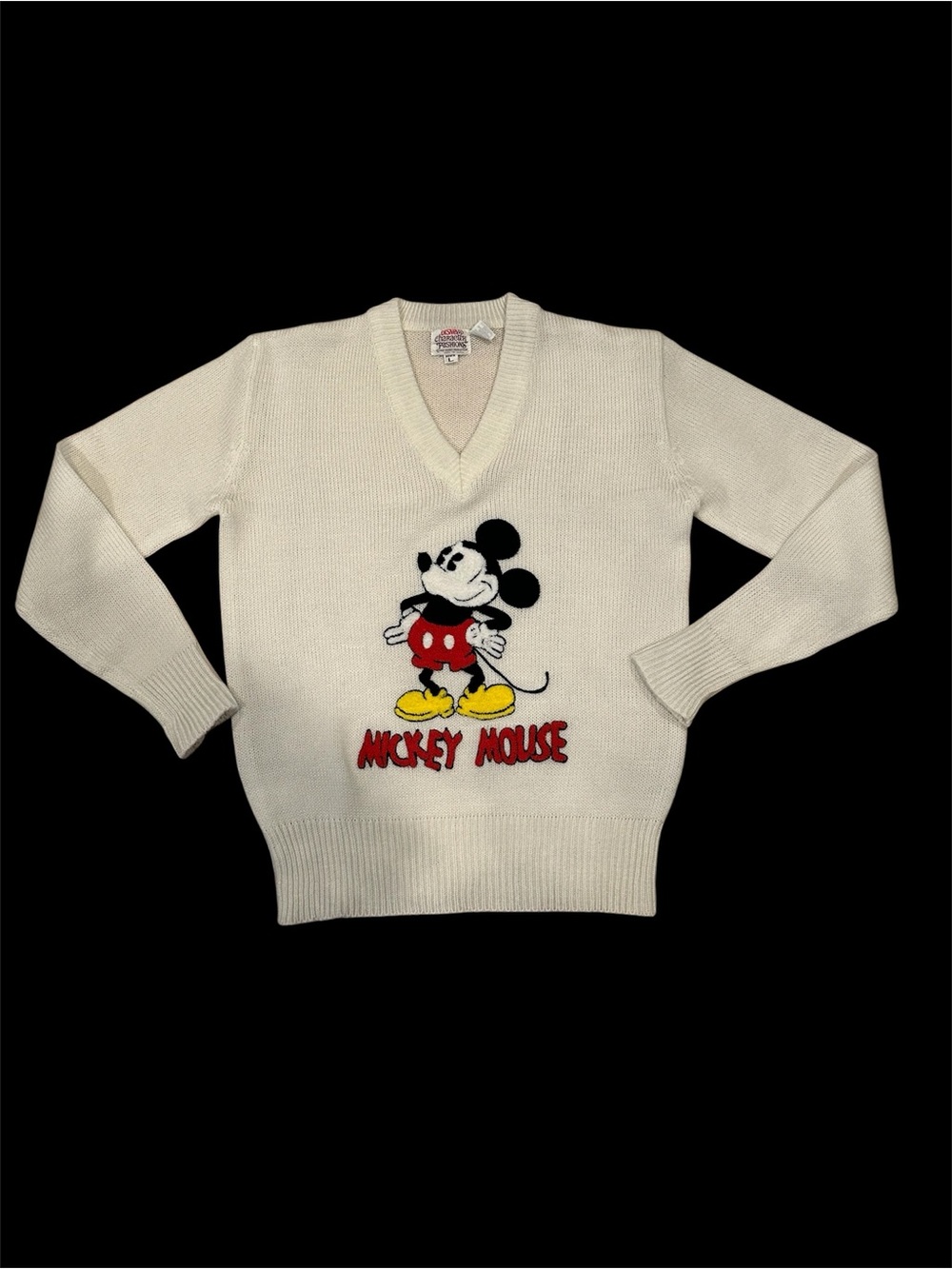 Disney Cream Knit V-Neck Sweater with Red Logo Label